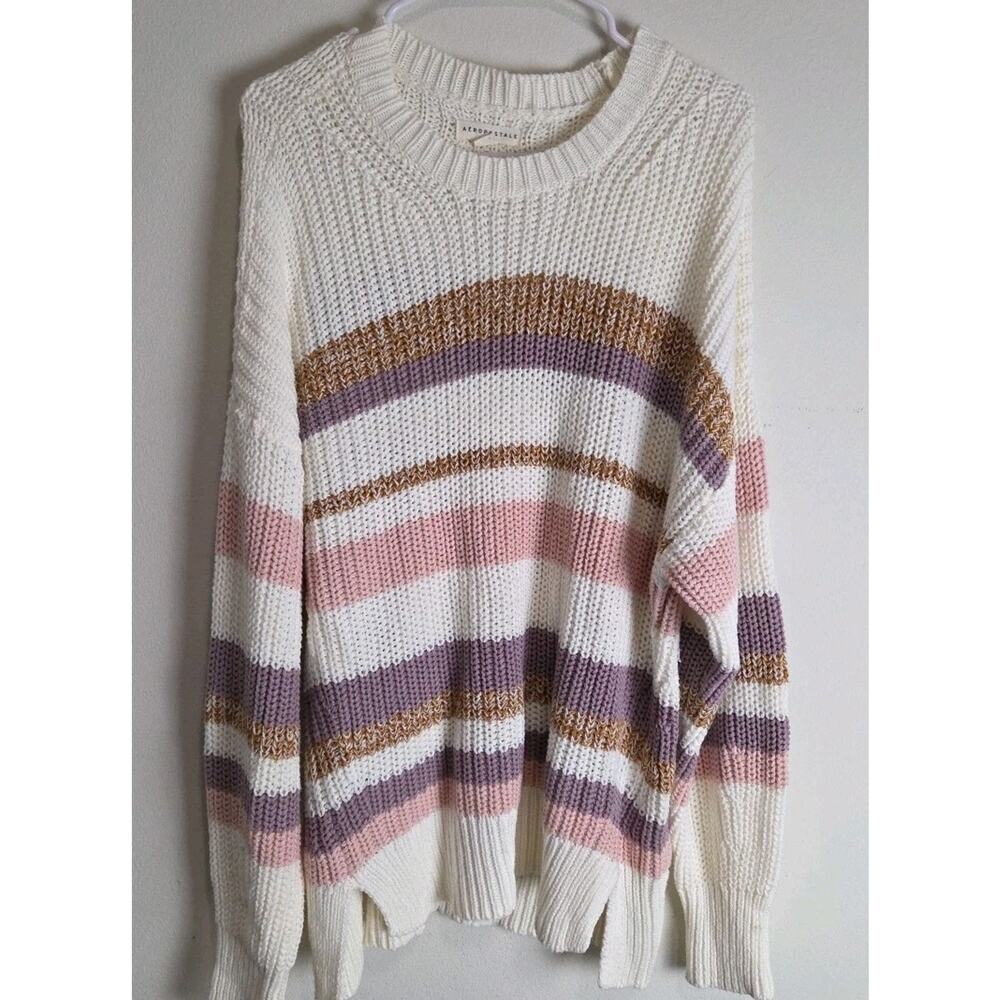 Aeropostale Womens Crew Sweater Oversized Multi Stripe White Size Large